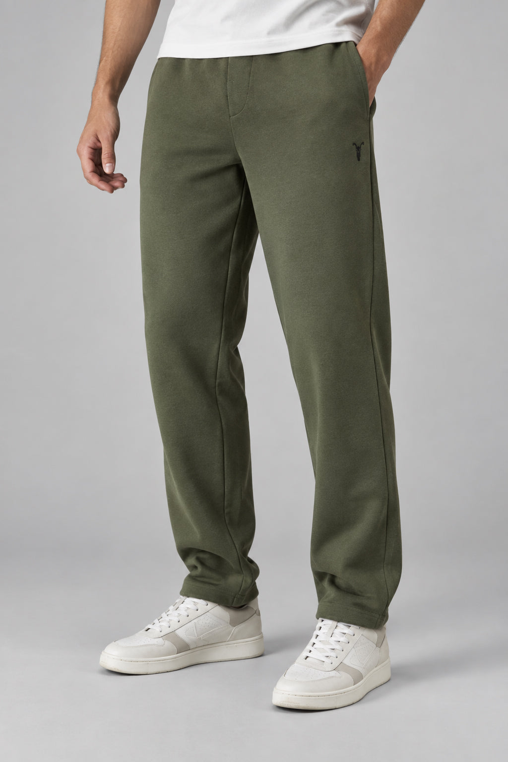 Düz Paça Nakışlı Pamuklu Haki Jogger Pantolon