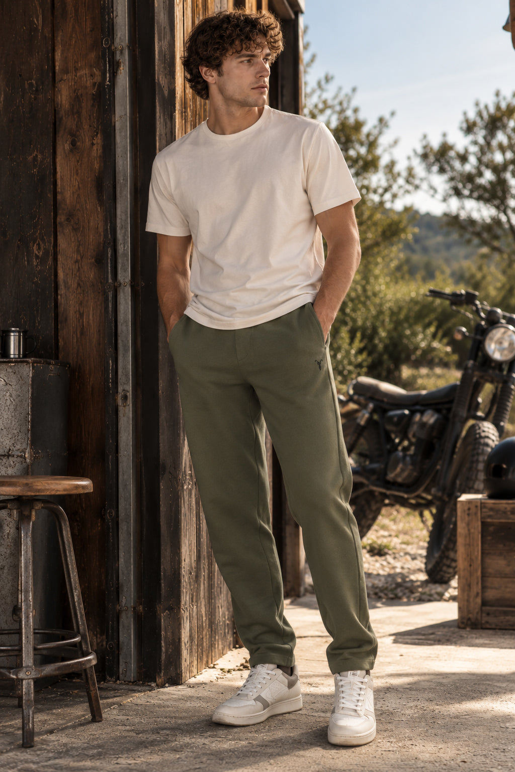 Düz Paça Nakışlı Pamuklu Haki Jogger Pantolon