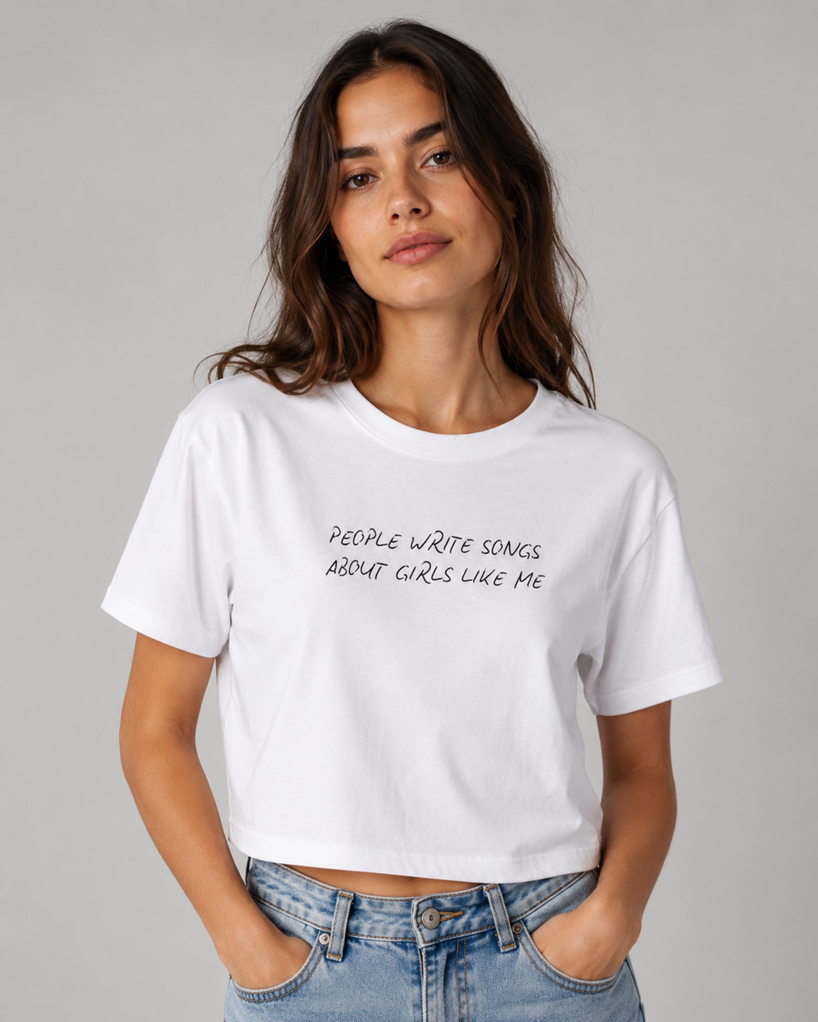 Kadın Slogan Baskılı Beyaz Crop Tişört