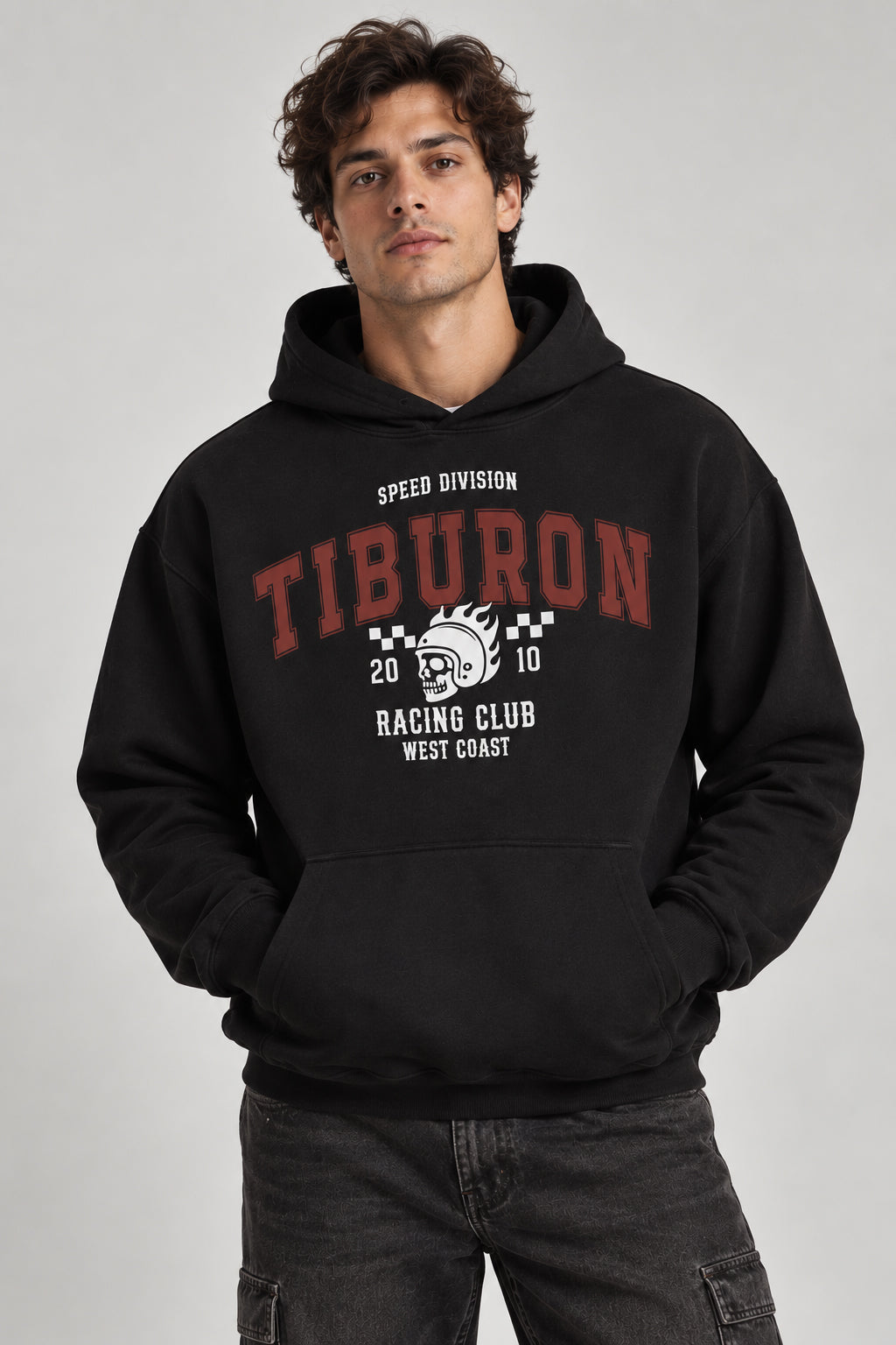 Baskılı Kapüşonlu Siyah Erkek Hoodie
