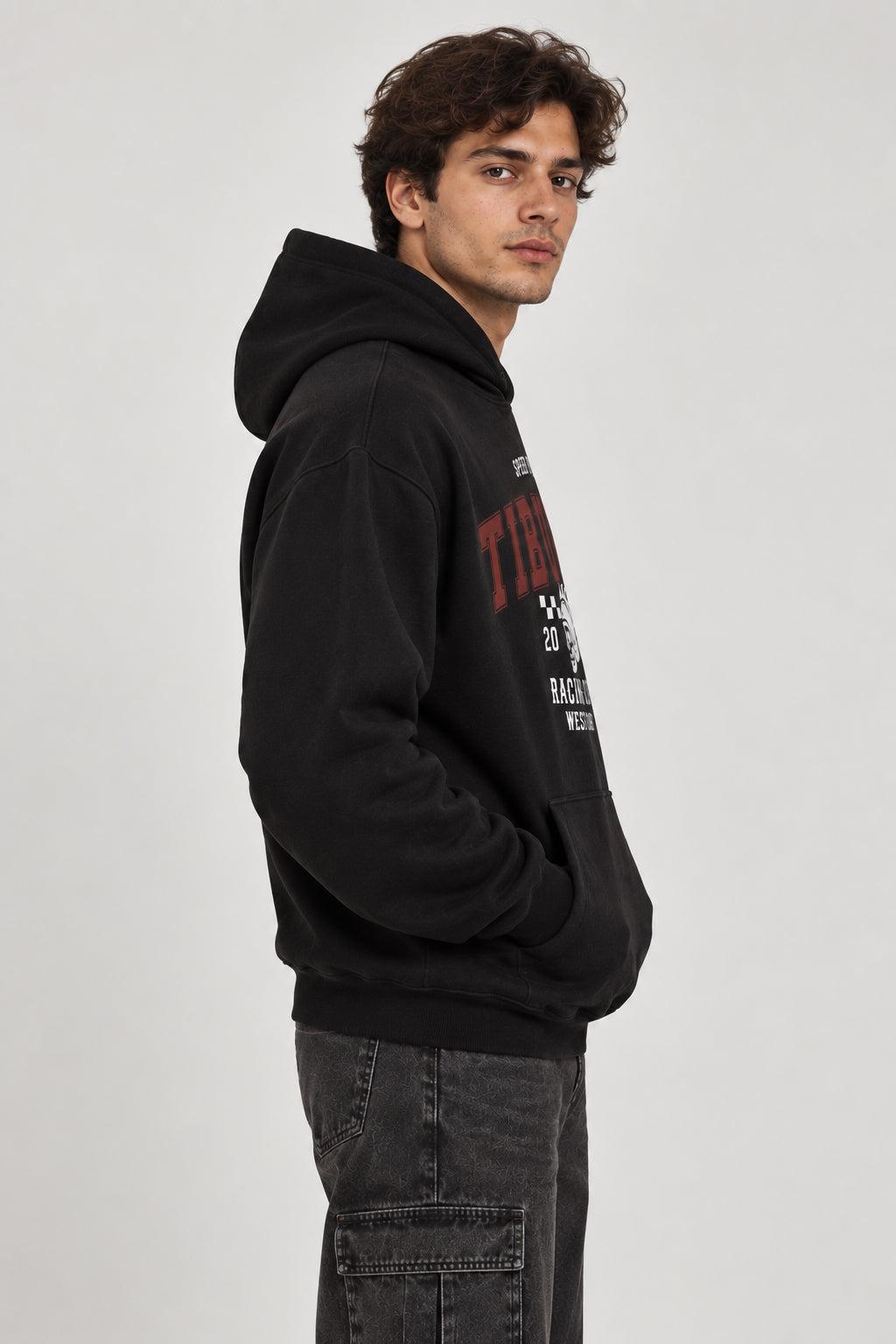 Baskılı Kapüşonlu Siyah Erkek Hoodie