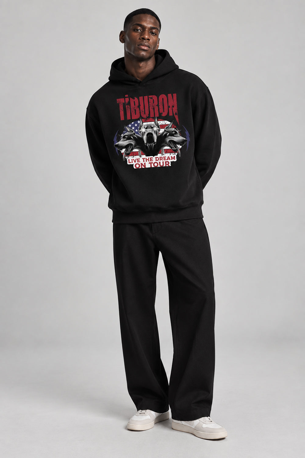 Önü Baskılı Kapüşonlu Siyah Erkek Hoodie