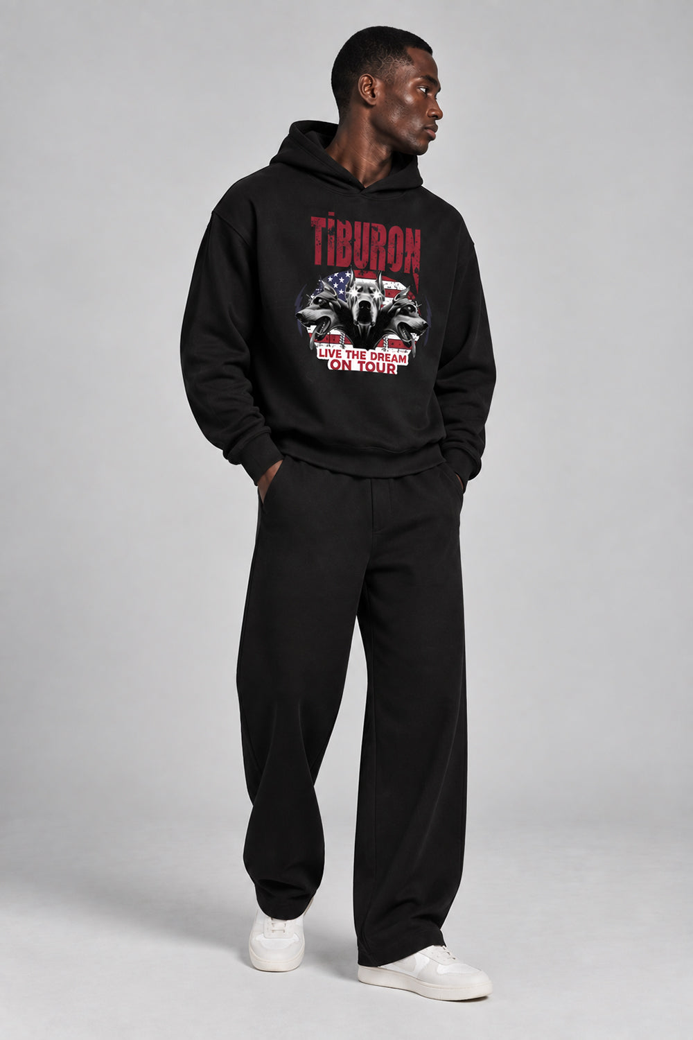 Önü Baskılı Kapüşonlu Siyah Erkek Hoodie