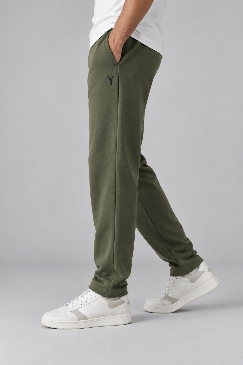 Düz Paça Nakışlı Pamuklu Haki Jogger Pantolon