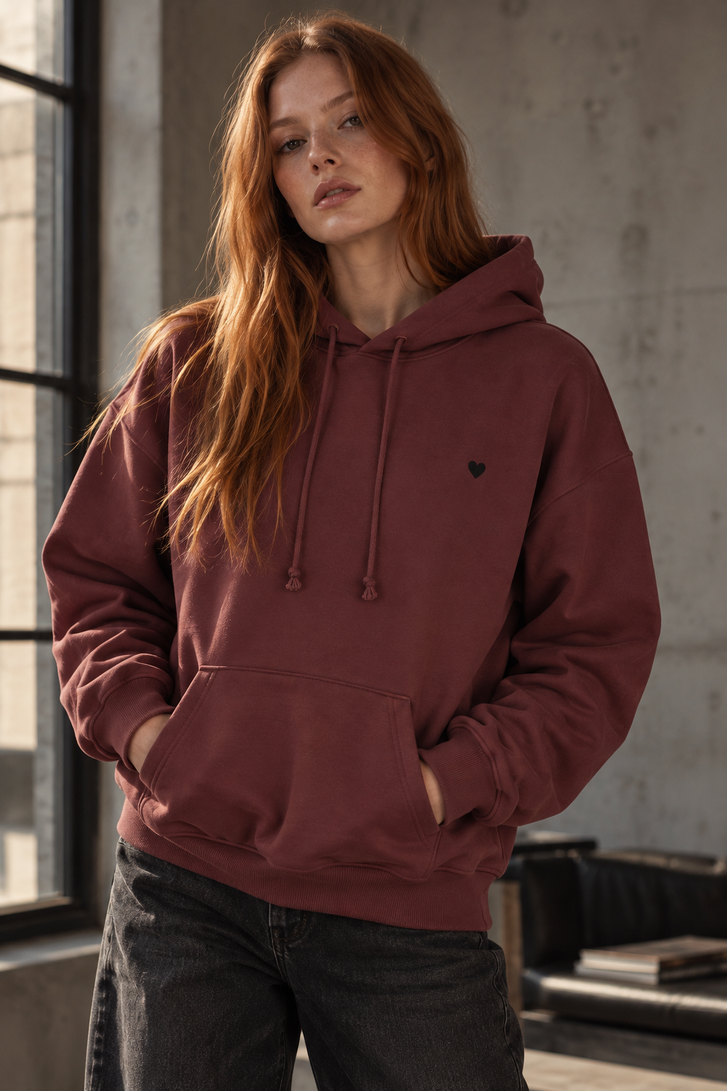 Bordo Kapüşonlu Nakışlı Hoodie