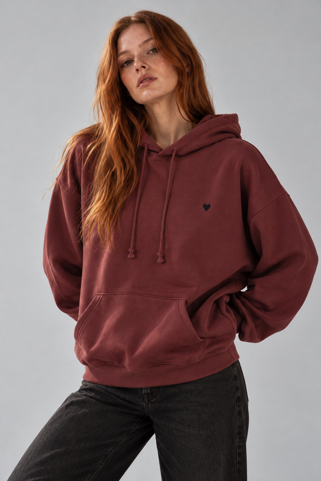 Bordo Kapüşonlu Nakışlı Hoodie
