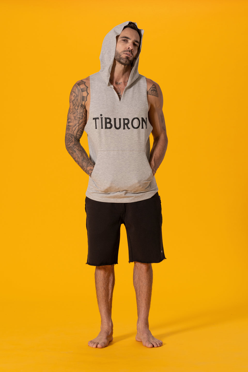 Tiburon Baskılı Gri Melanj Kapüşonlu Kolsuz Sweatshirt