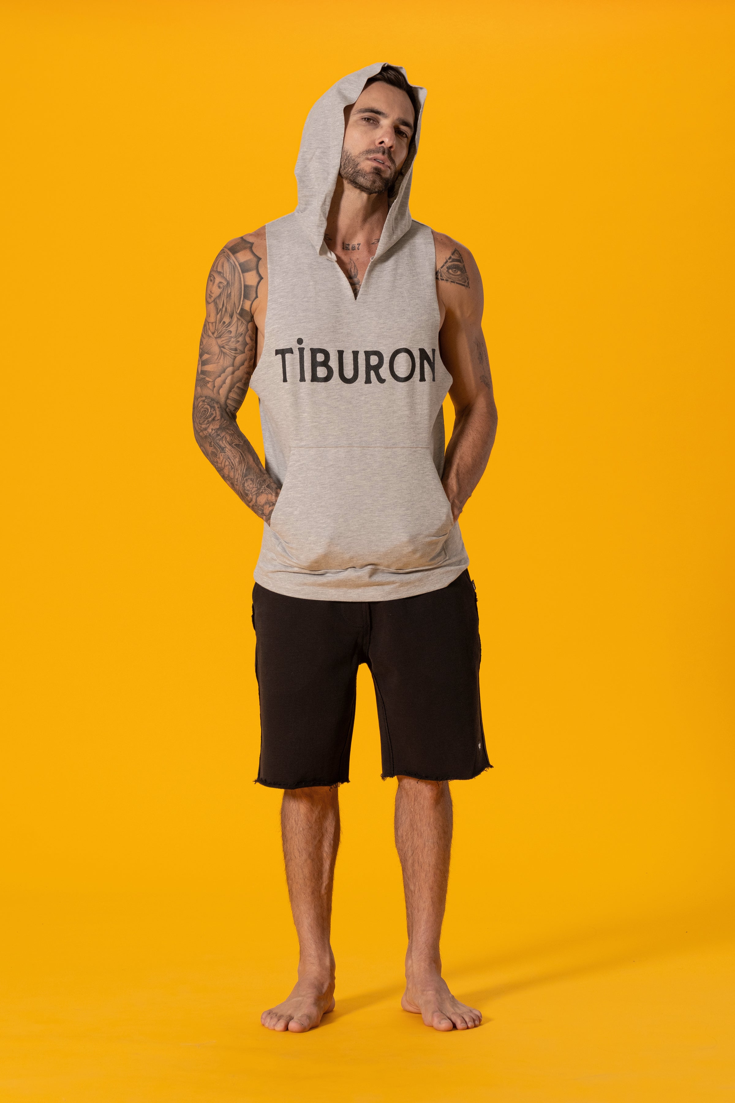Tiburon Baskılı Gri Melanj Kapüşonlu Kolsuz Sweatshirt