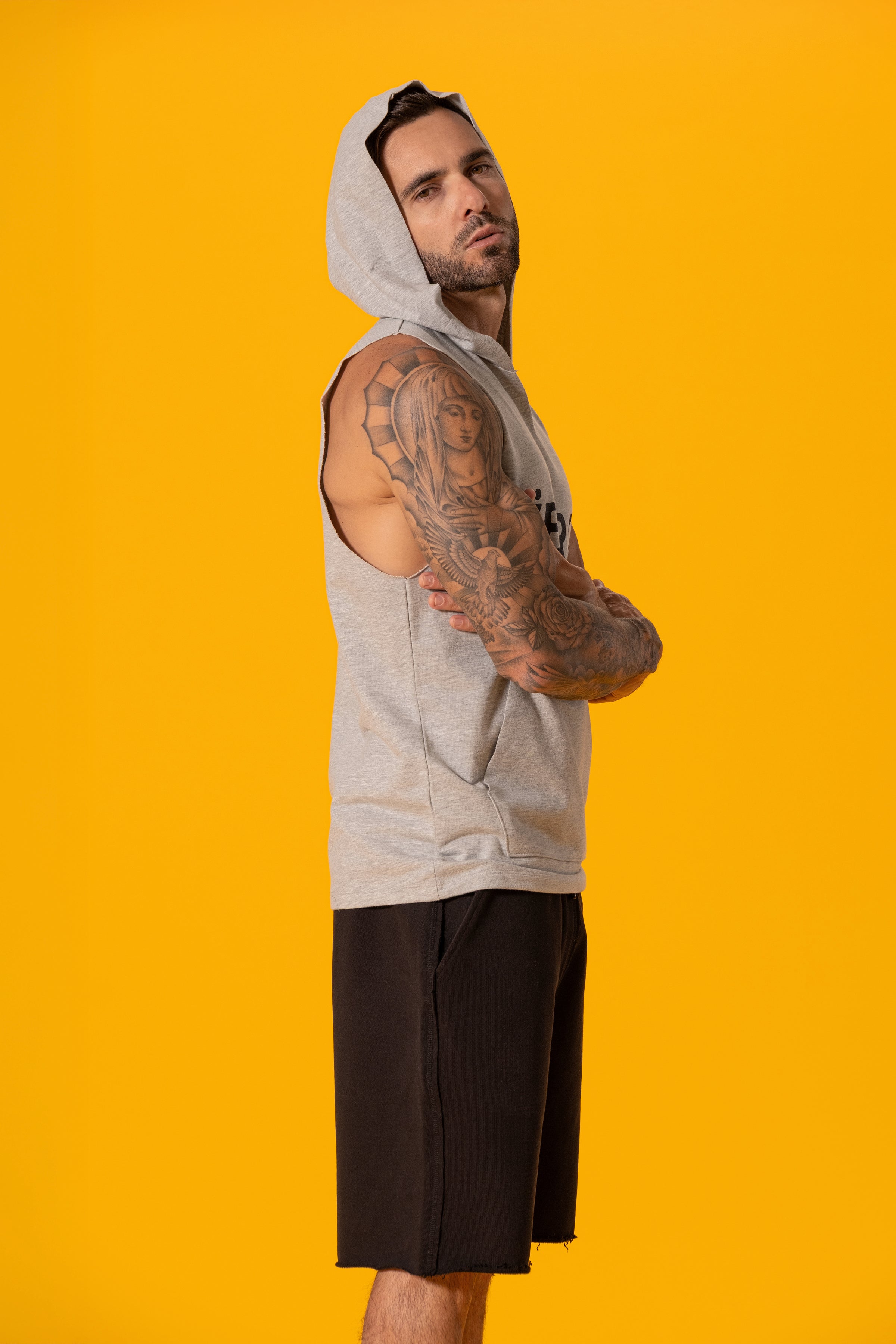 Tiburon Baskılı Gri Melanj Kapüşonlu Kolsuz Sweatshirt