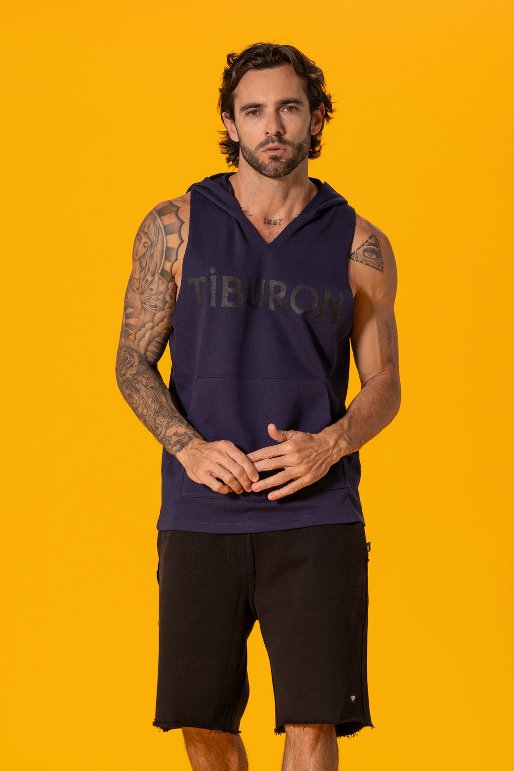 Tiburon Baskılı Lacivert Kapüşonlu Kolsuz Sweatshirt