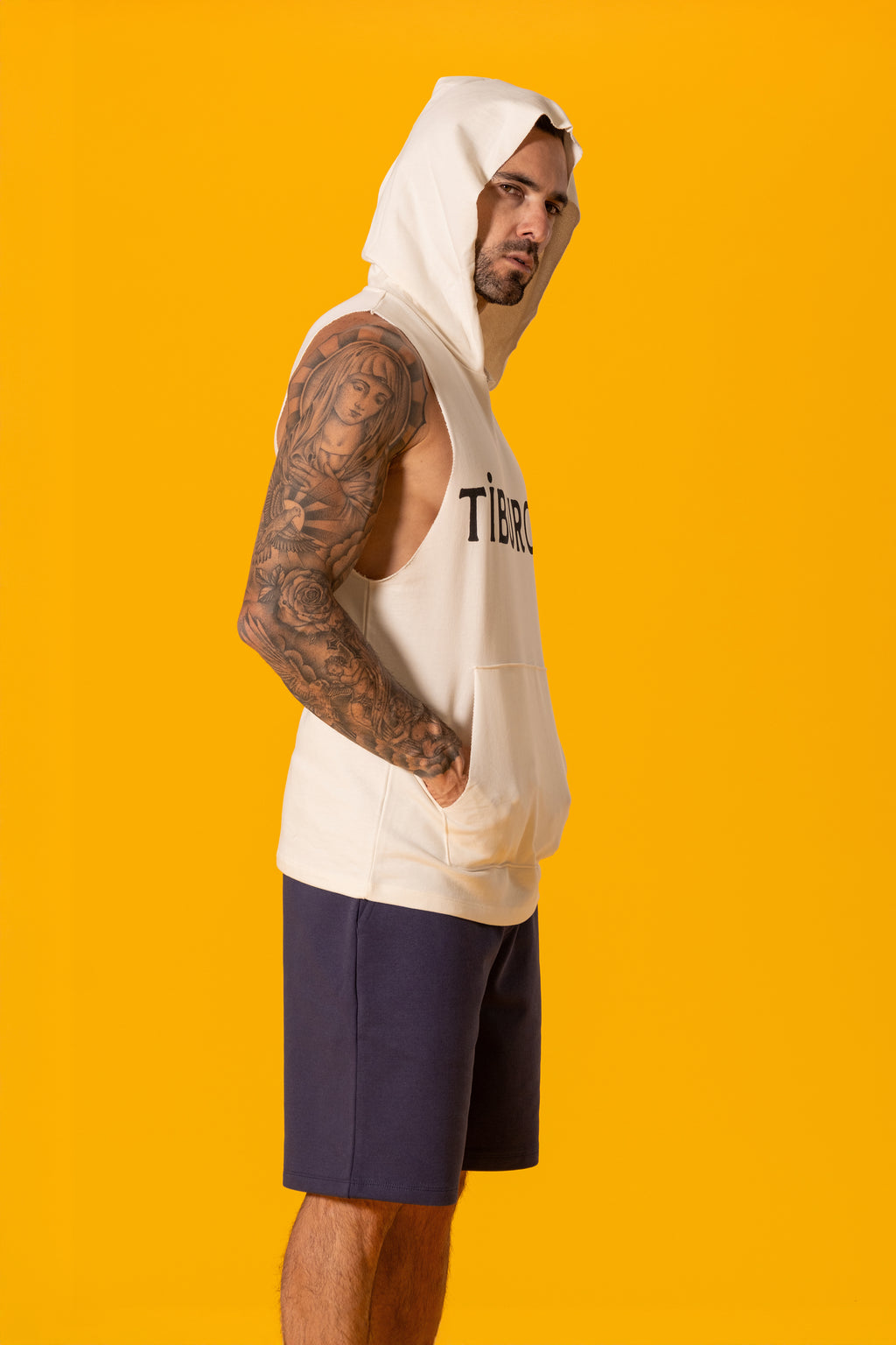 Tiburon Baskılı Ekru Kapüşonlu Kolsuz Sweatshirt