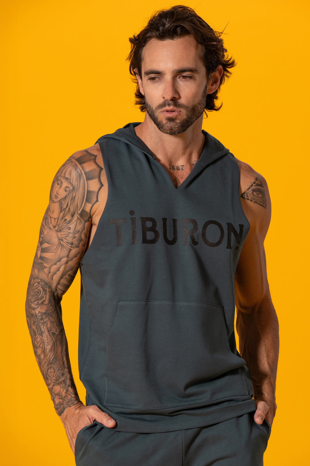 Tiburon Baskılı Petrol Yeşili Kapüşonlu Kolsuz Sweatshirt