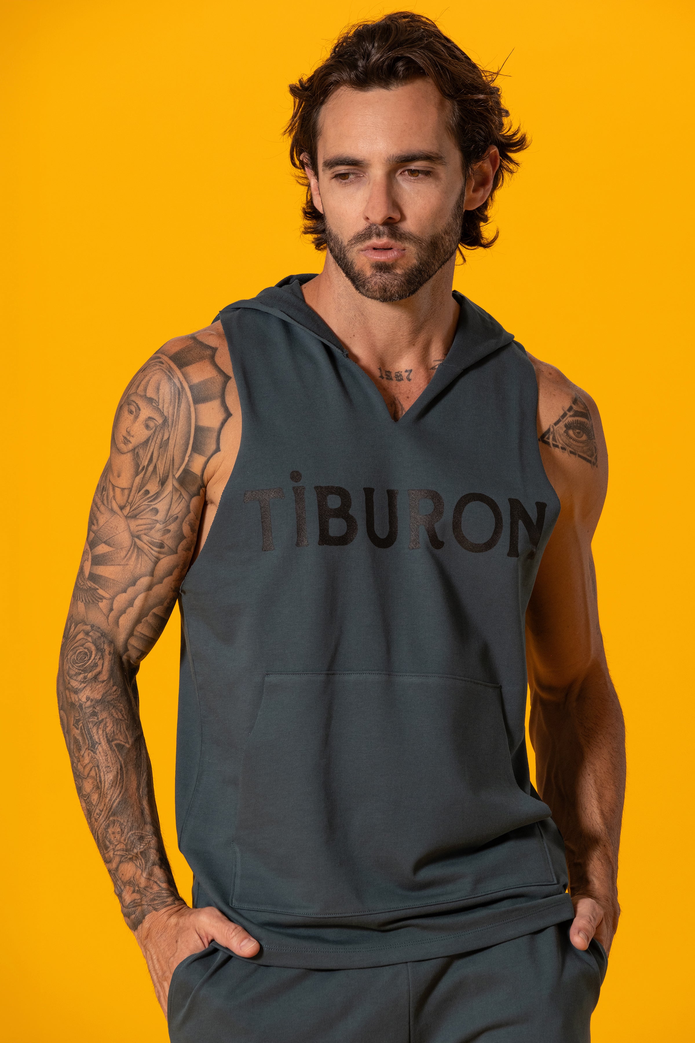 Tiburon Baskılı Petrol Yeşili Kapüşonlu Kolsuz Sweatshirt