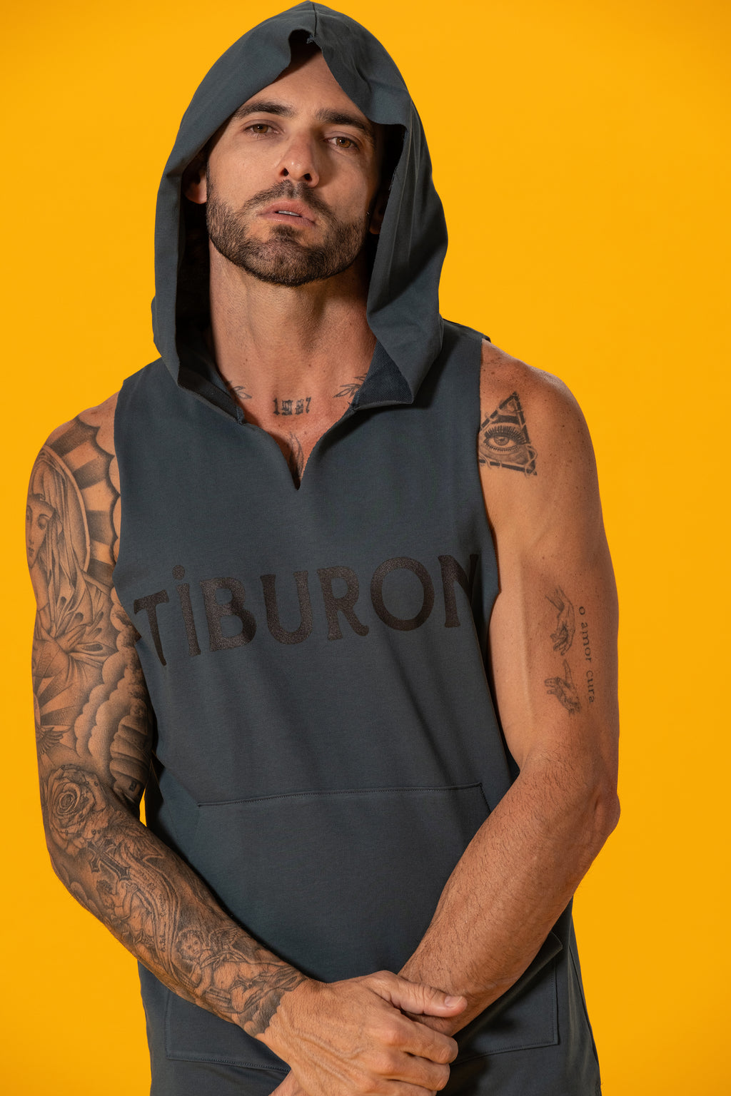 Tiburon Baskılı Petrol Yeşili Kapüşonlu Kolsuz Sweatshirt
