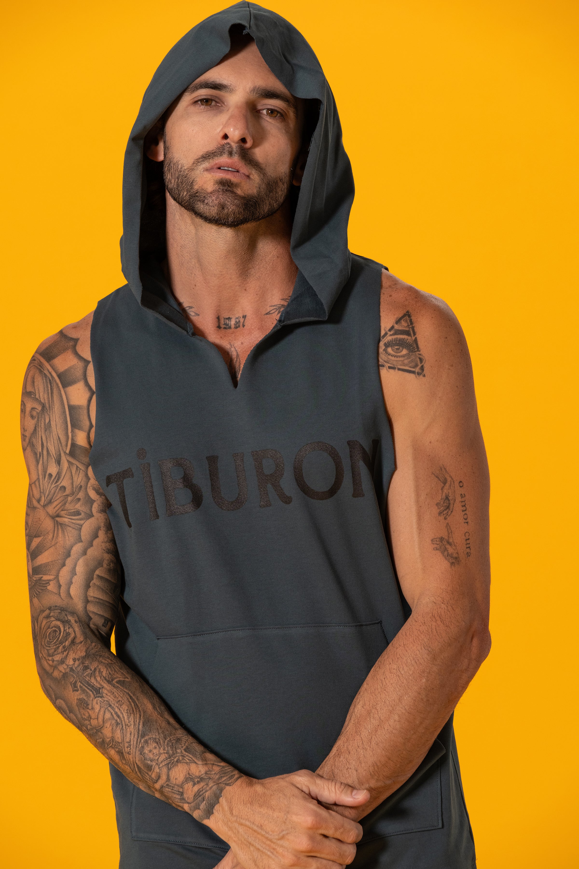 Tiburon Baskılı Petrol Yeşili Kapüşonlu Kolsuz Sweatshirt