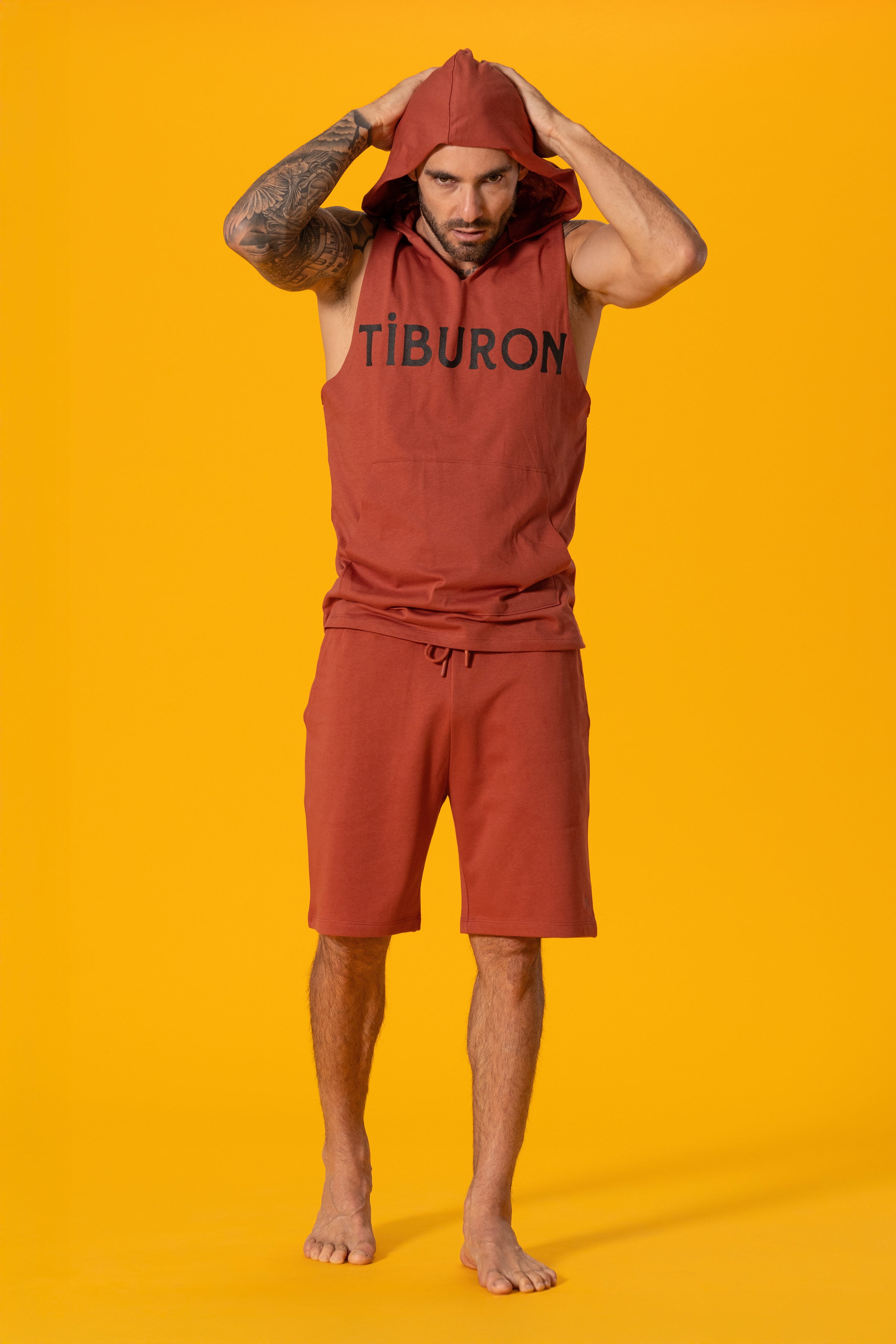 Tiburon Baskılı Kiremit Kapüşonlu Kolsuz Sweatshirt