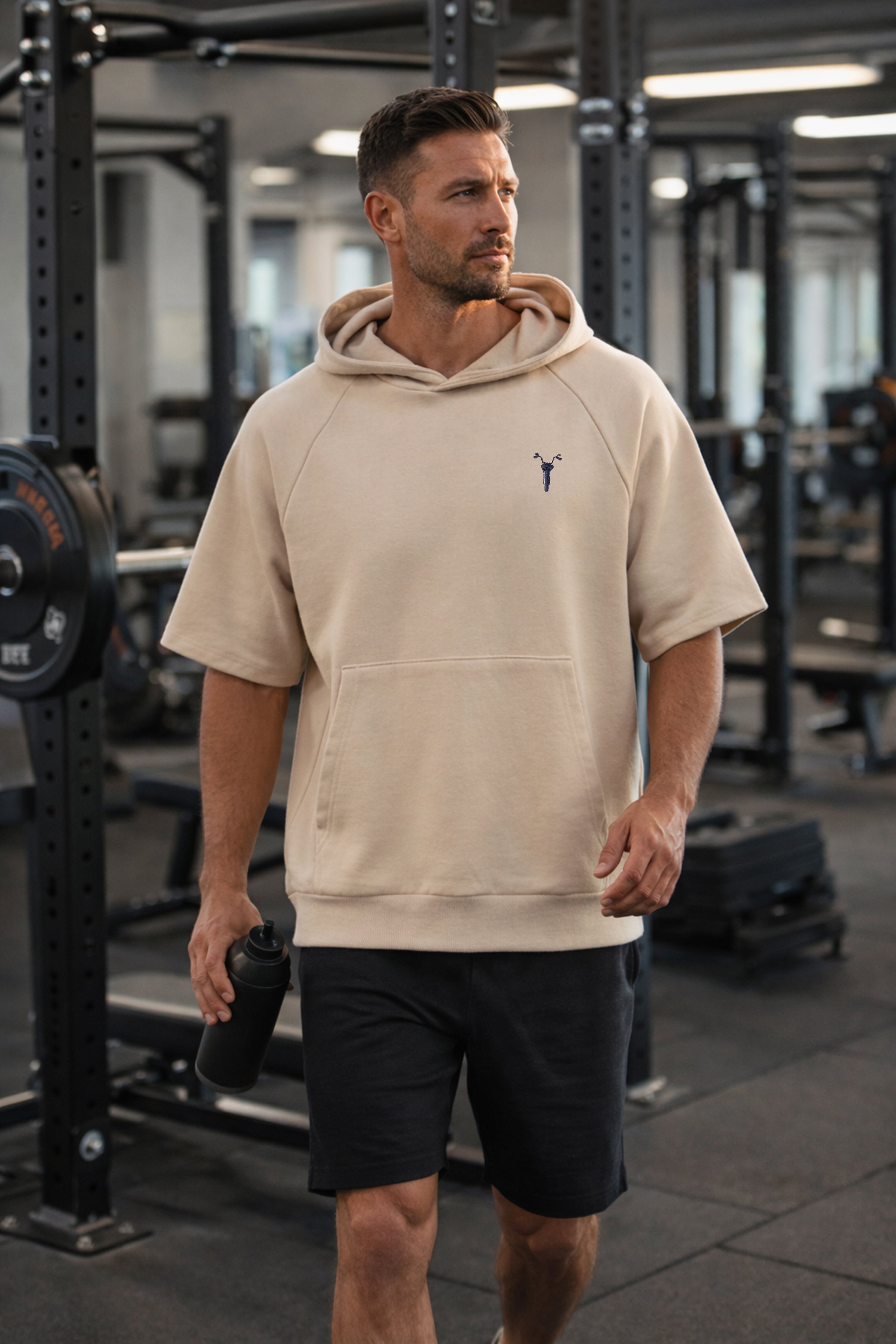 Erkek Bej Kapüşonlu Kısa Kollu Hoodie