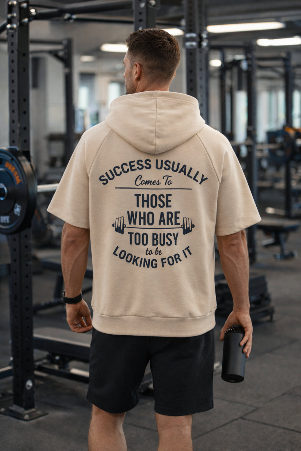 Erkek Bej Kapüşonlu Kısa Kollu Hoodie