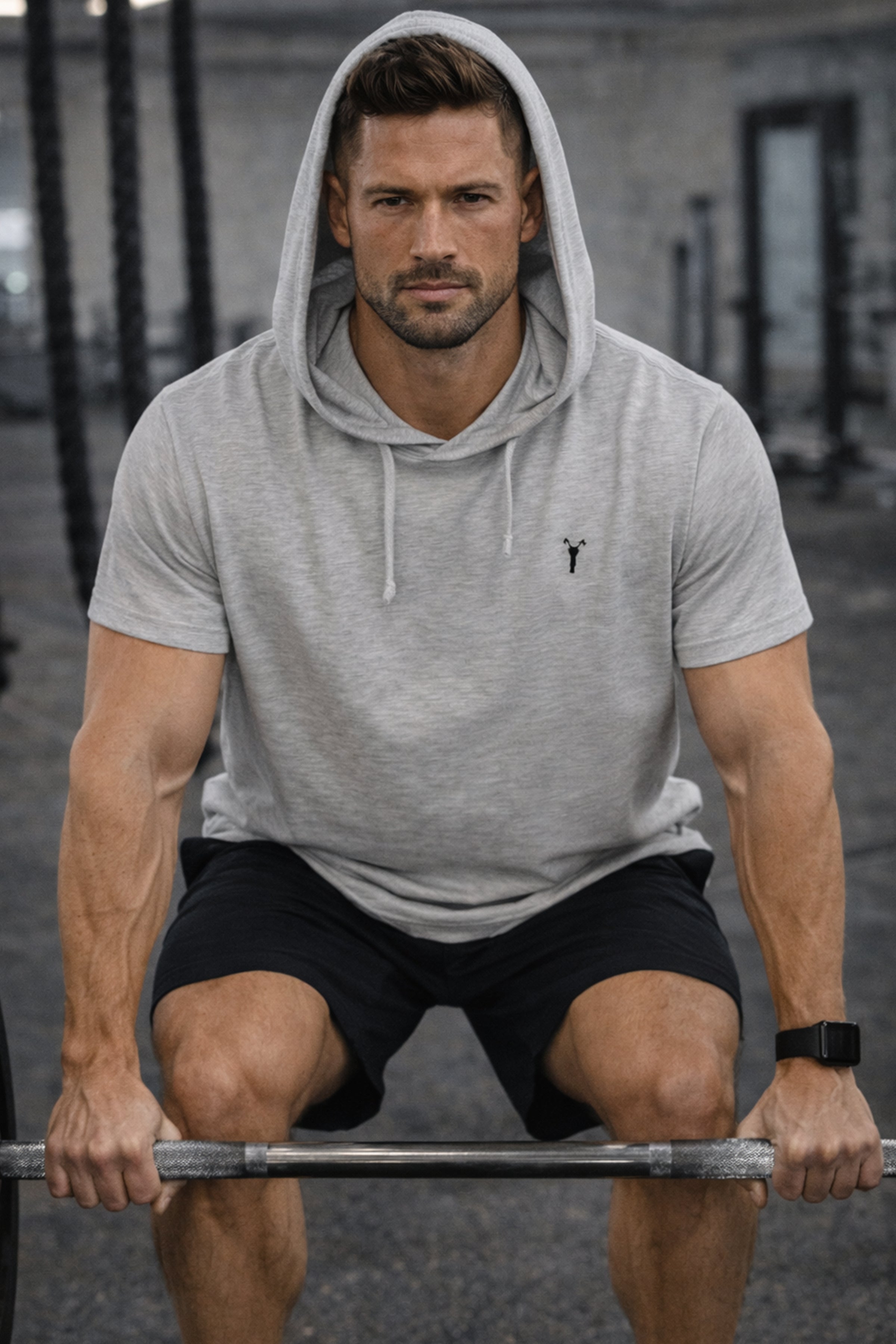 Erkek Gri Melanj Kapüşonlu Kısa Kollu Hoodie
