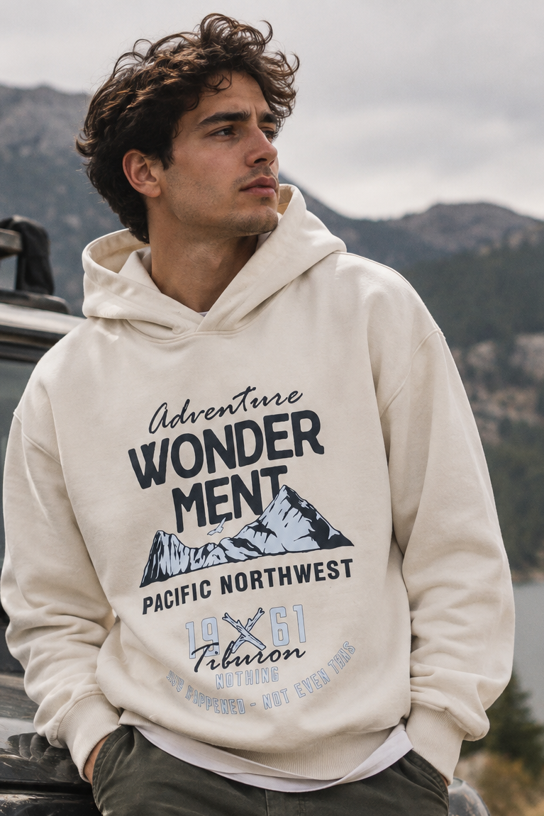 Kapüşonlu Baskılı Ekru Oversize Hoodie