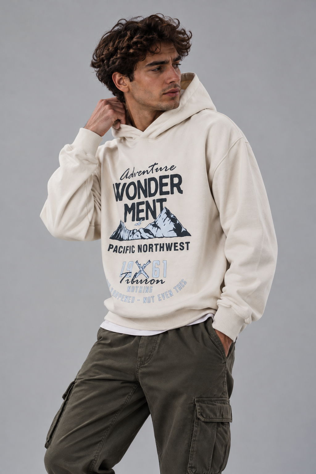 Kapüşonlu Baskılı Ekru Oversize Hoodie