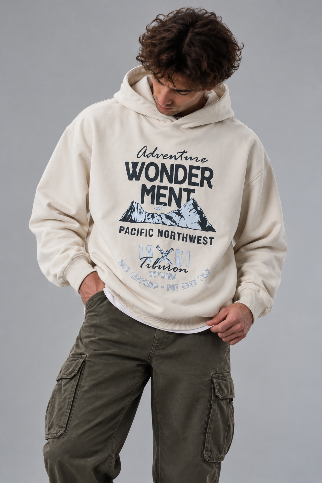Kapüşonlu Baskılı Ekru Oversize Hoodie