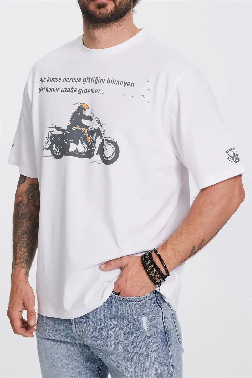 Motorcu Baskılı Beyaz Erkek Tişört