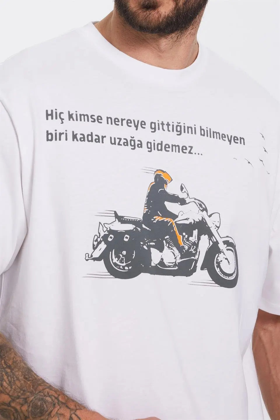 Motorcu Baskılı Beyaz Erkek Tişört