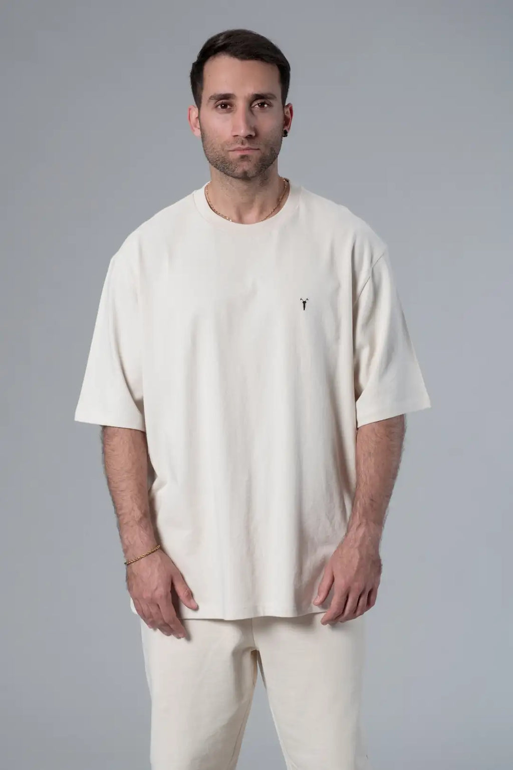 Bisiklet Yaka Ekru Oversize Tişört