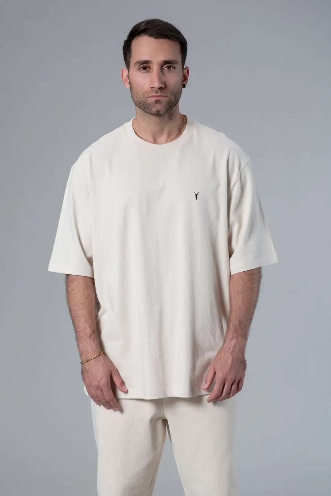 Bisiklet Yaka Ekru Oversize Tişört