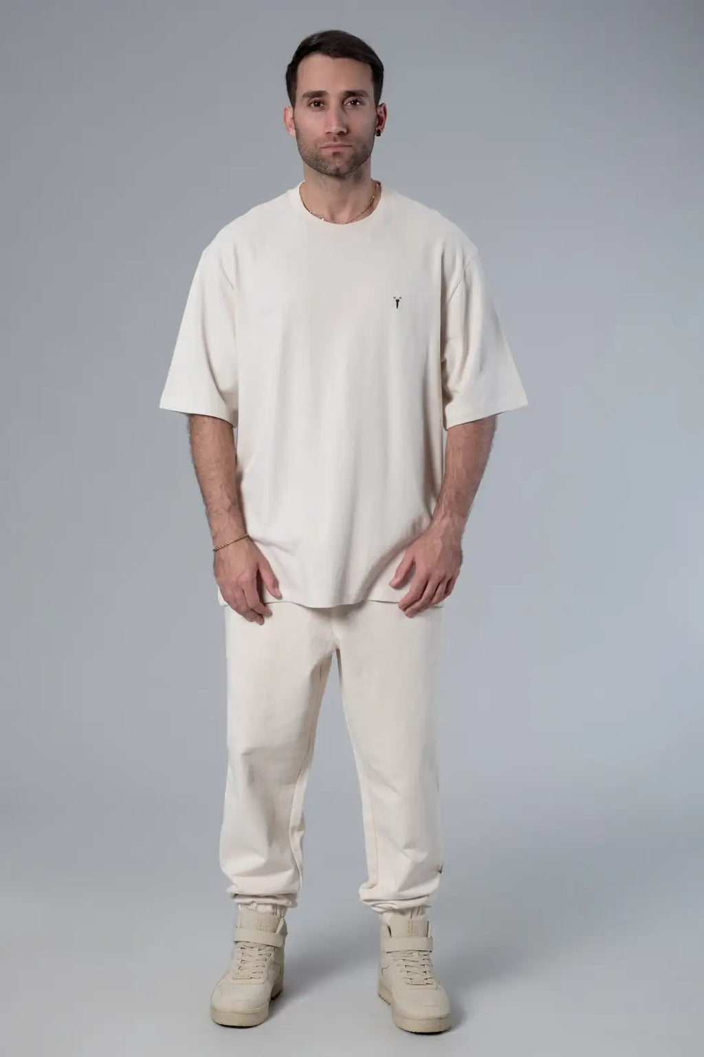 Bisiklet Yaka Ekru Oversize Tişört