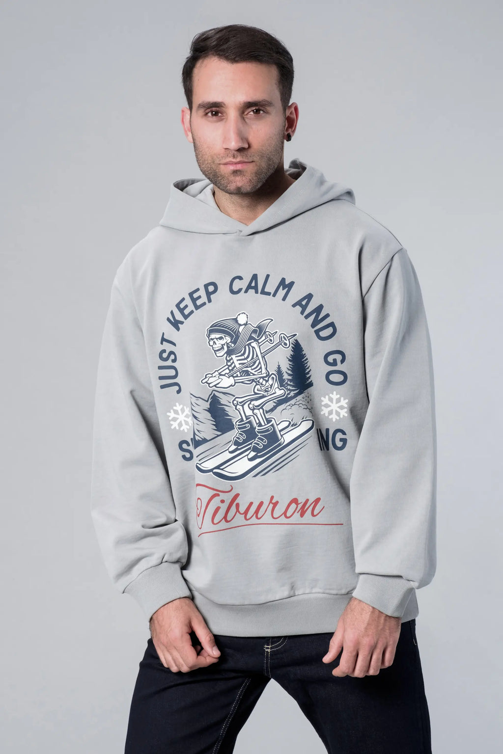 Kapüşonlu Baskılı Gri Oversize Hoodie