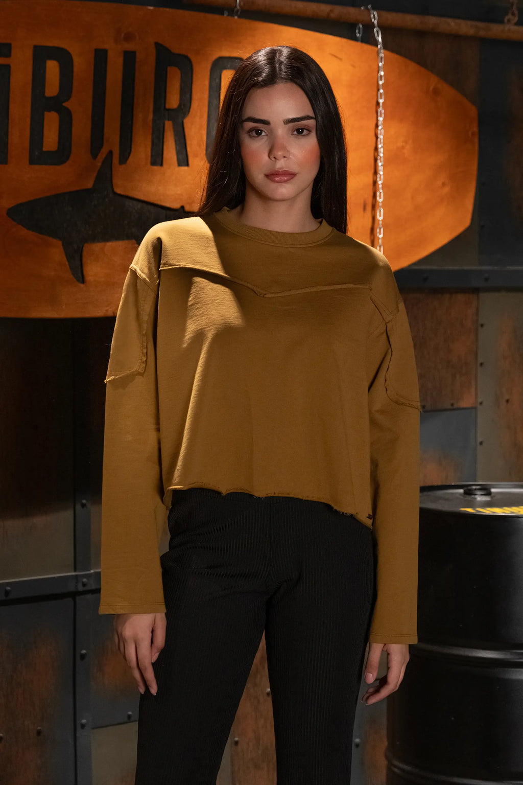 Dikiş Detaylı Hardal Sweatshirt