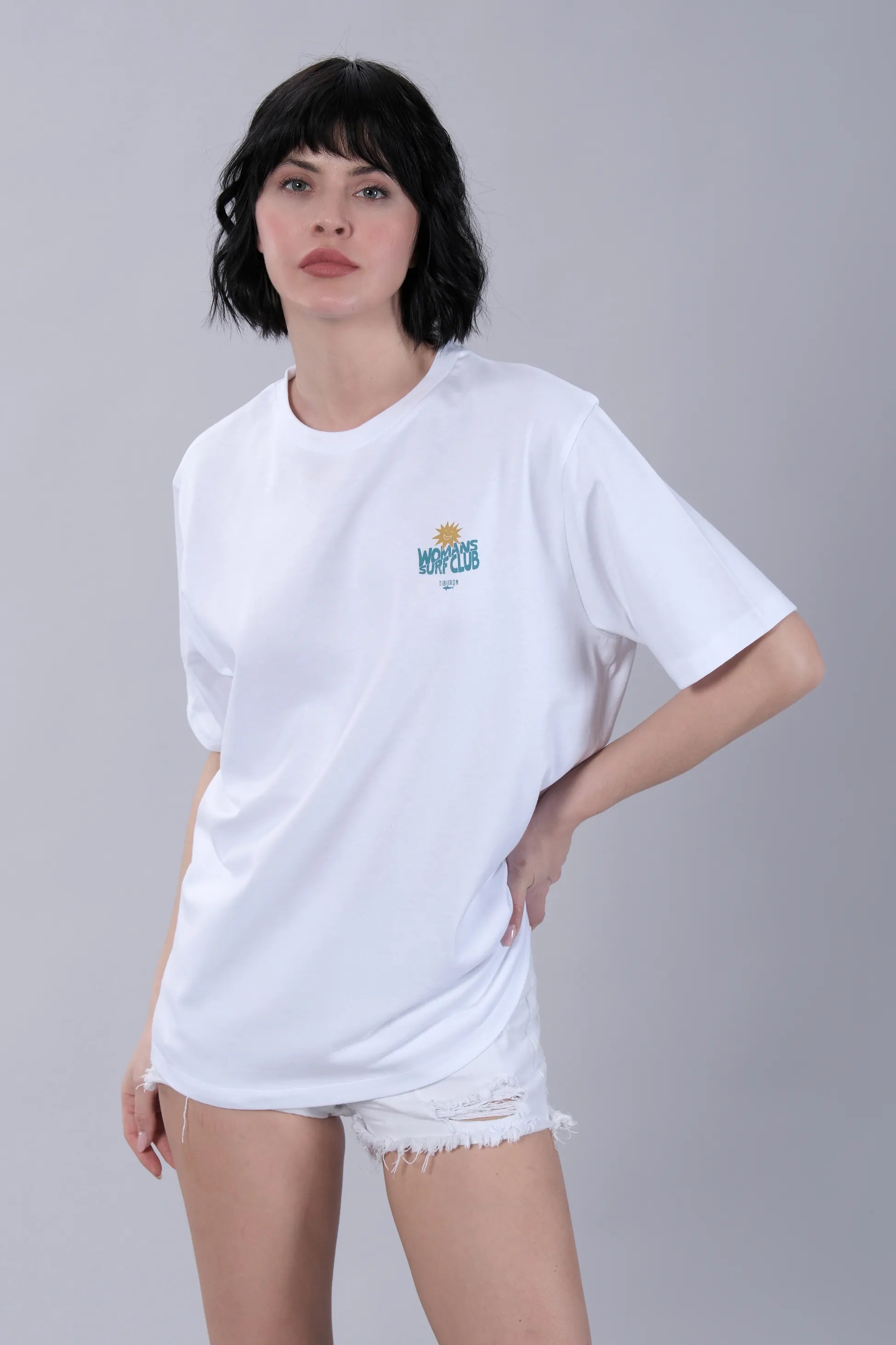 Sörf Temalı Baskılı Kadın Beyaz Oversize Tişört