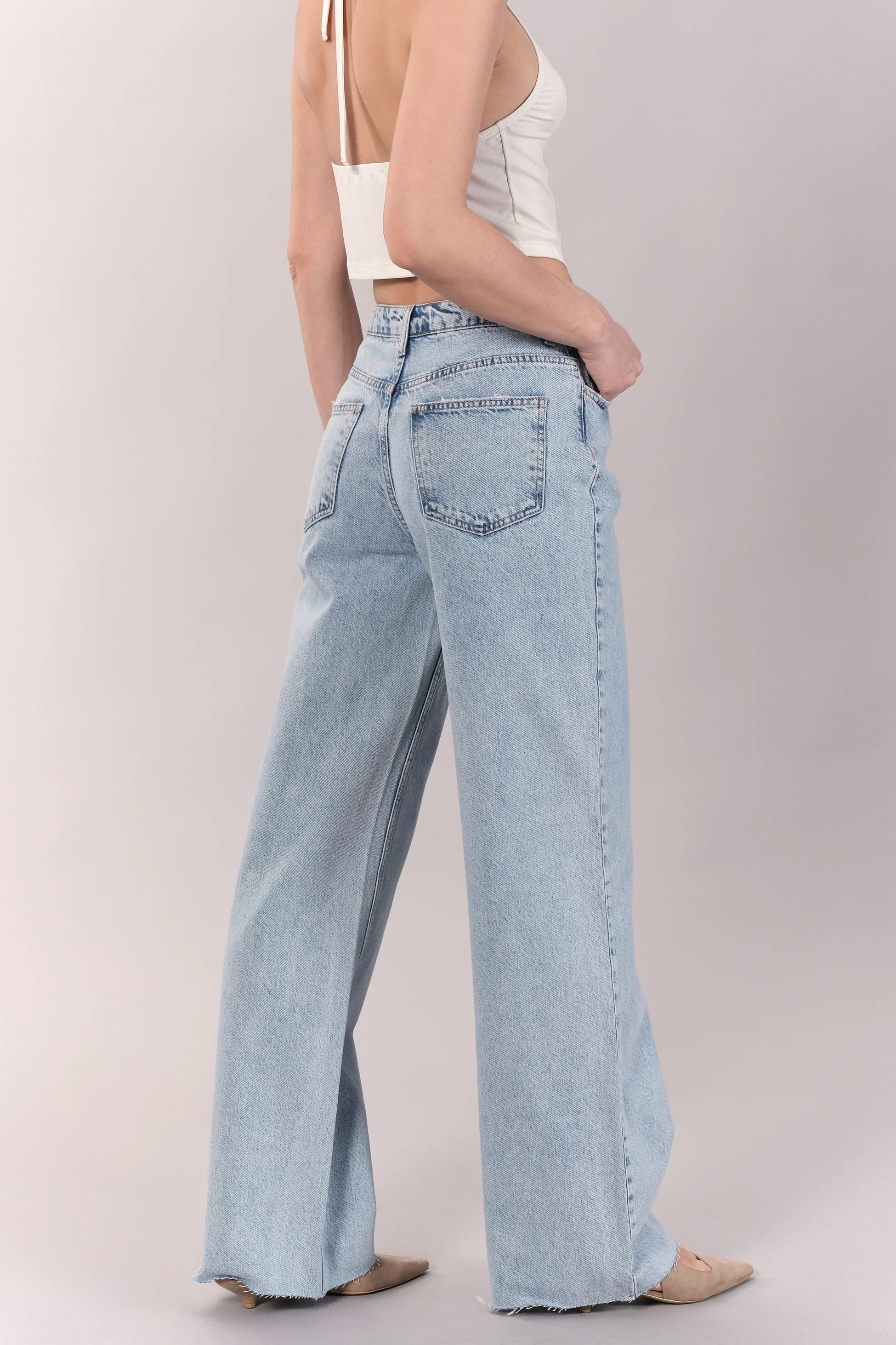 Açık Mavi Yüksek Bel Düz Paça Jean Pantolon