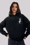 Küçük Baskılı Kadın Siyah Kapüşonlu Hoodie