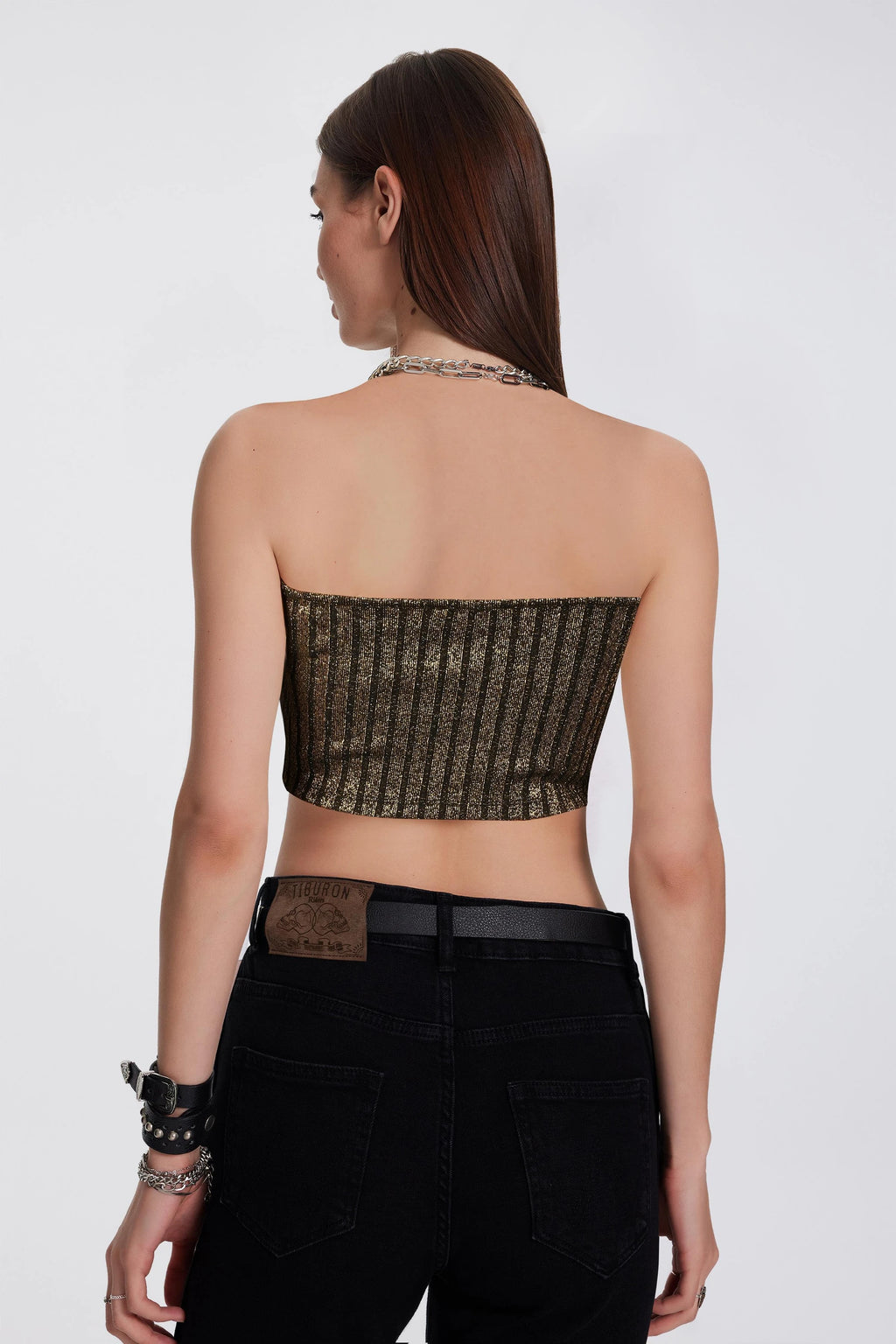 Simli Siyah Straplez Crop Top