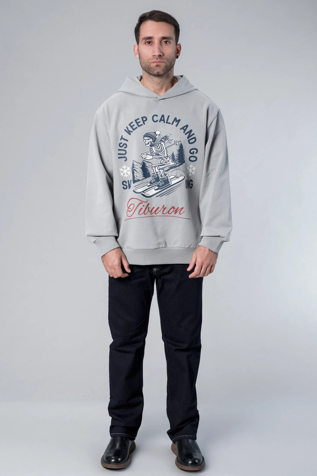 Kapüşonlu Baskılı Gri Oversize Hoodie