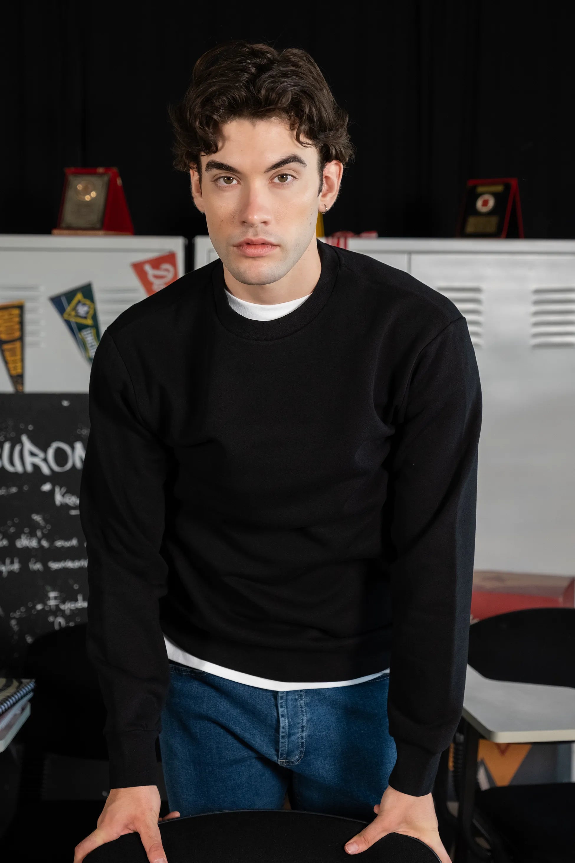 Erkek Siyah Bisiklet Yaka Basic Sweatshirt