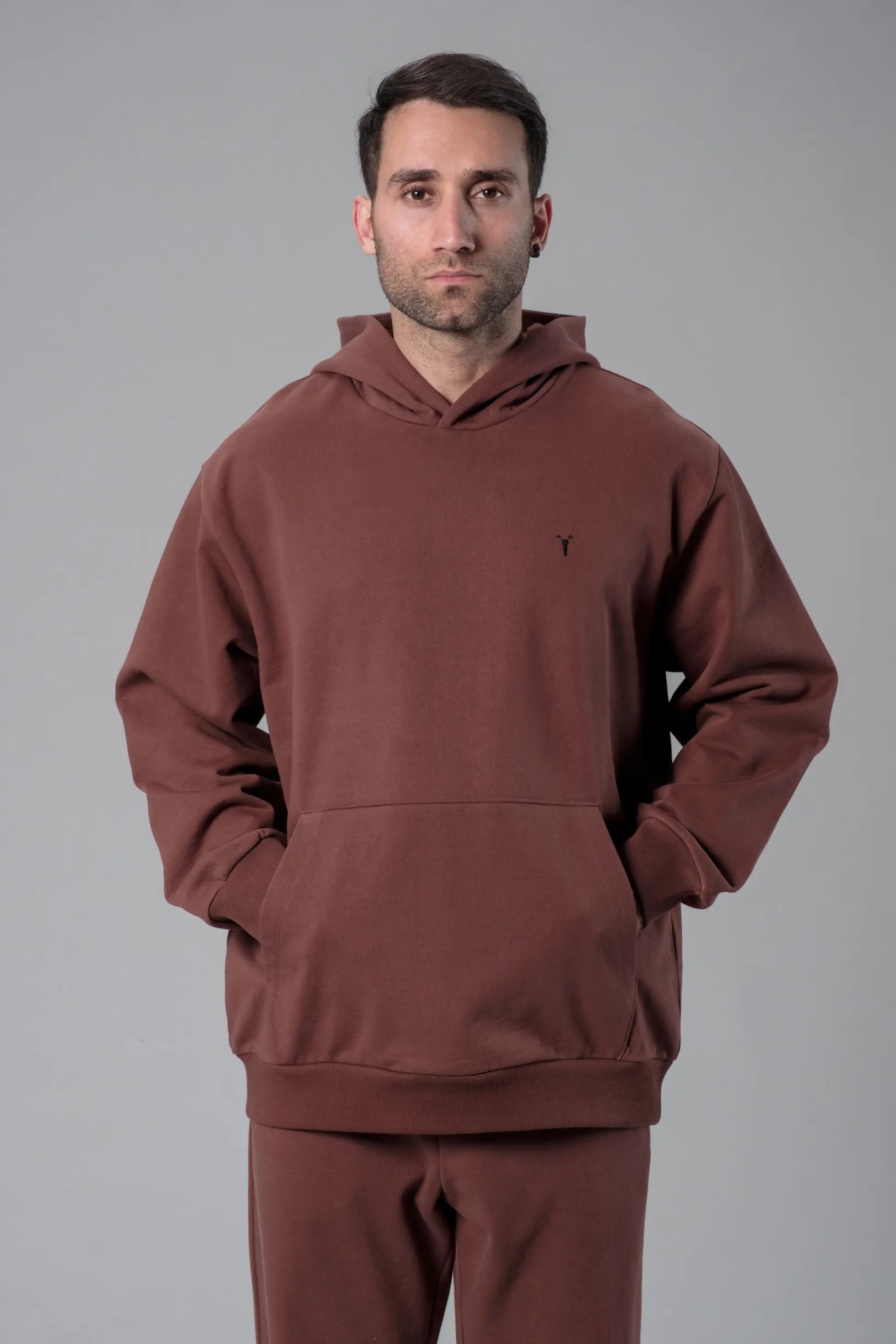 Nakış Detaylı Kahverengi Oversize Hoodie