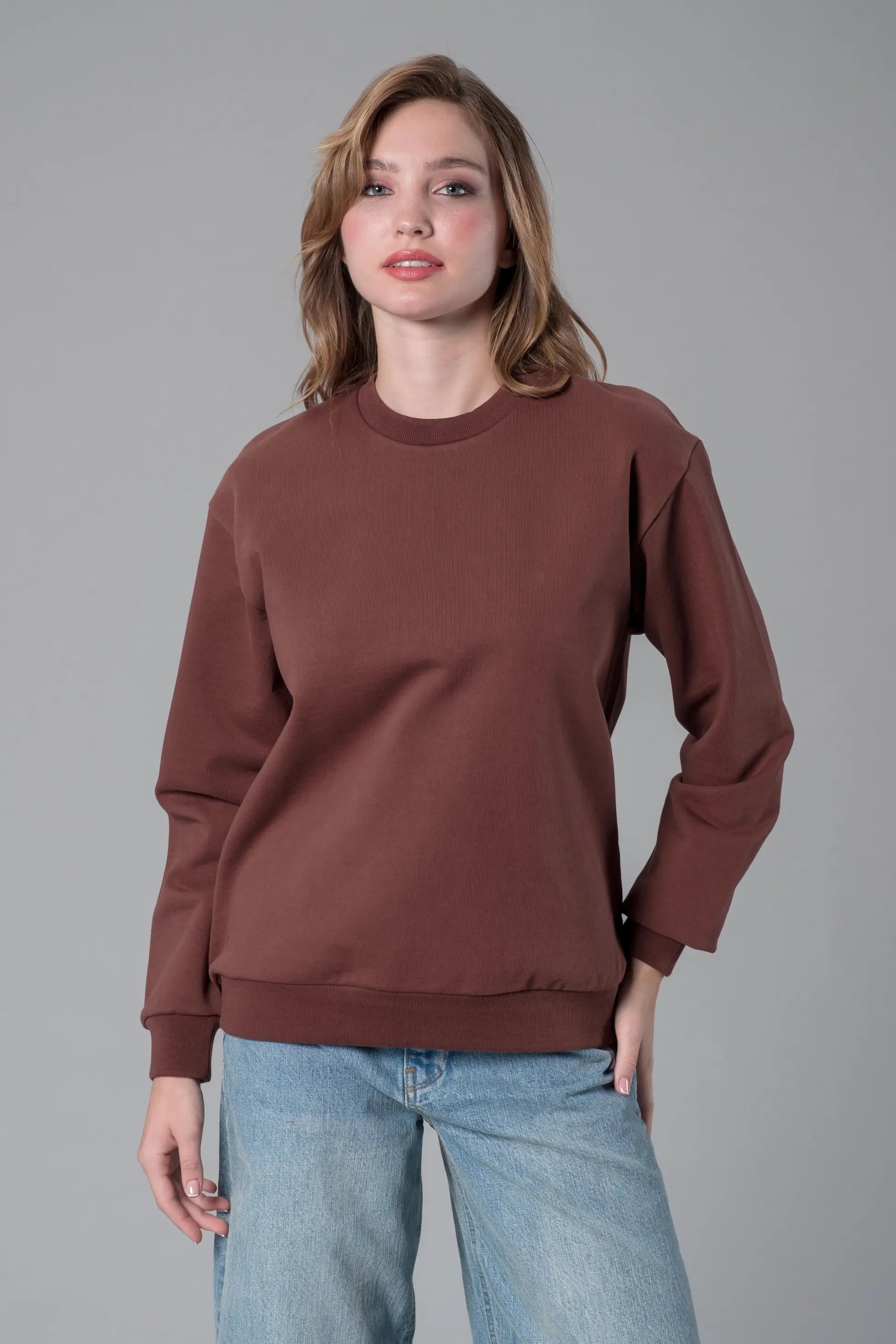 Kahverengi Bisiklet Yaka Sweatshirt