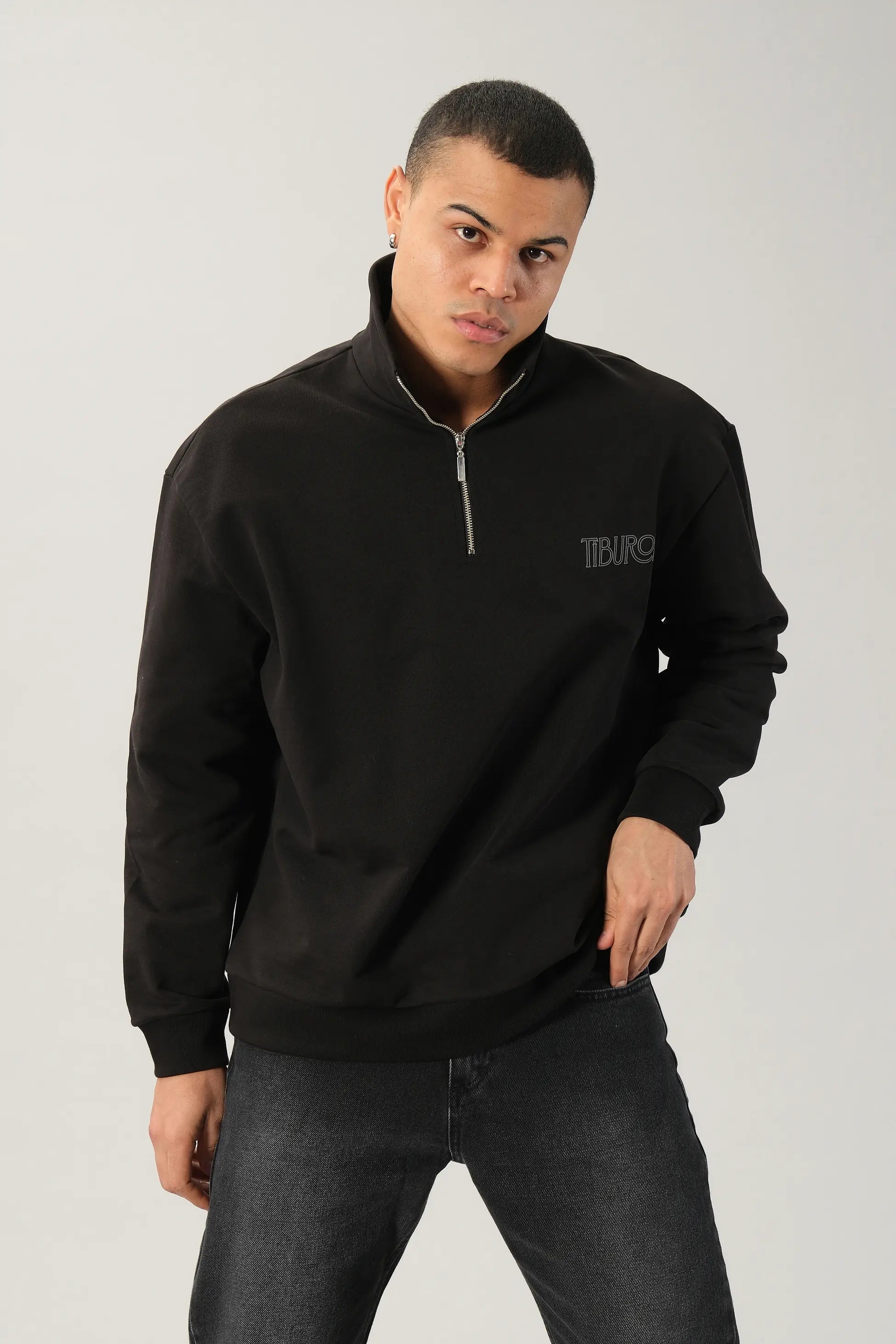 Yarım Fermuarlı Tiburon Siyah Sweatshirt