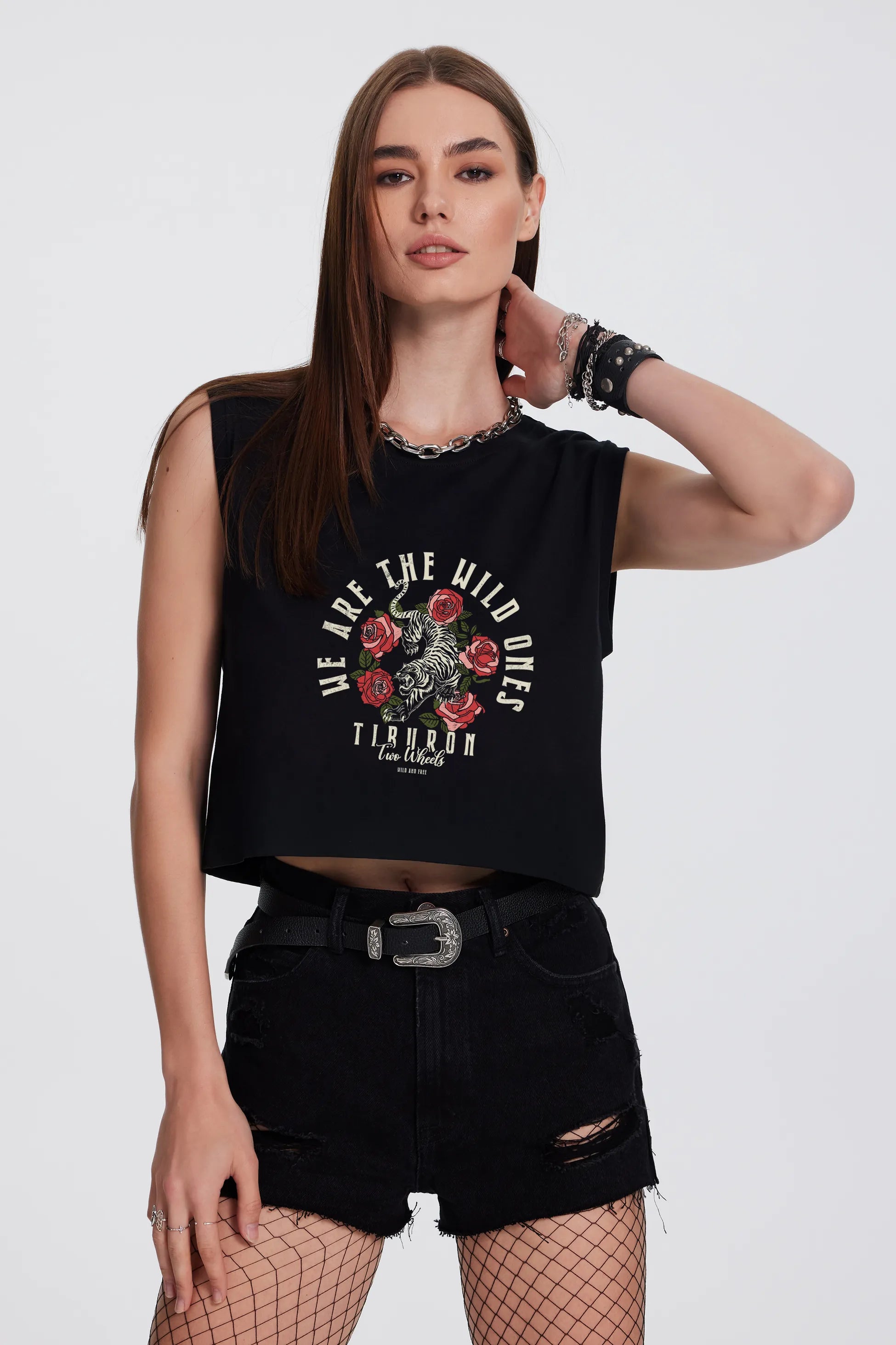 Baskılı Kolsuz Siyah Crop Tişört