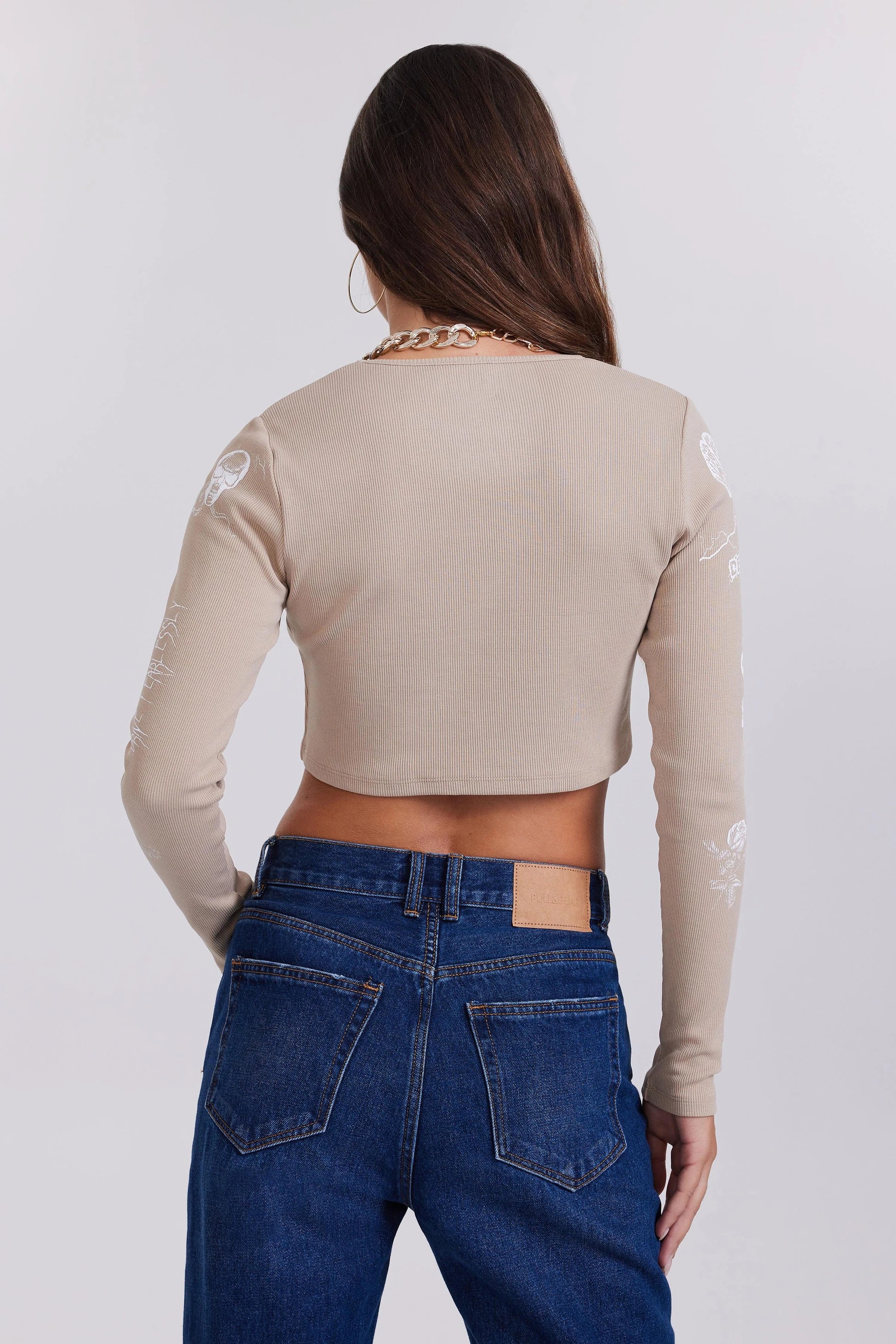 Baskılı Bej Uzun Kollu Fitilli Crop Body