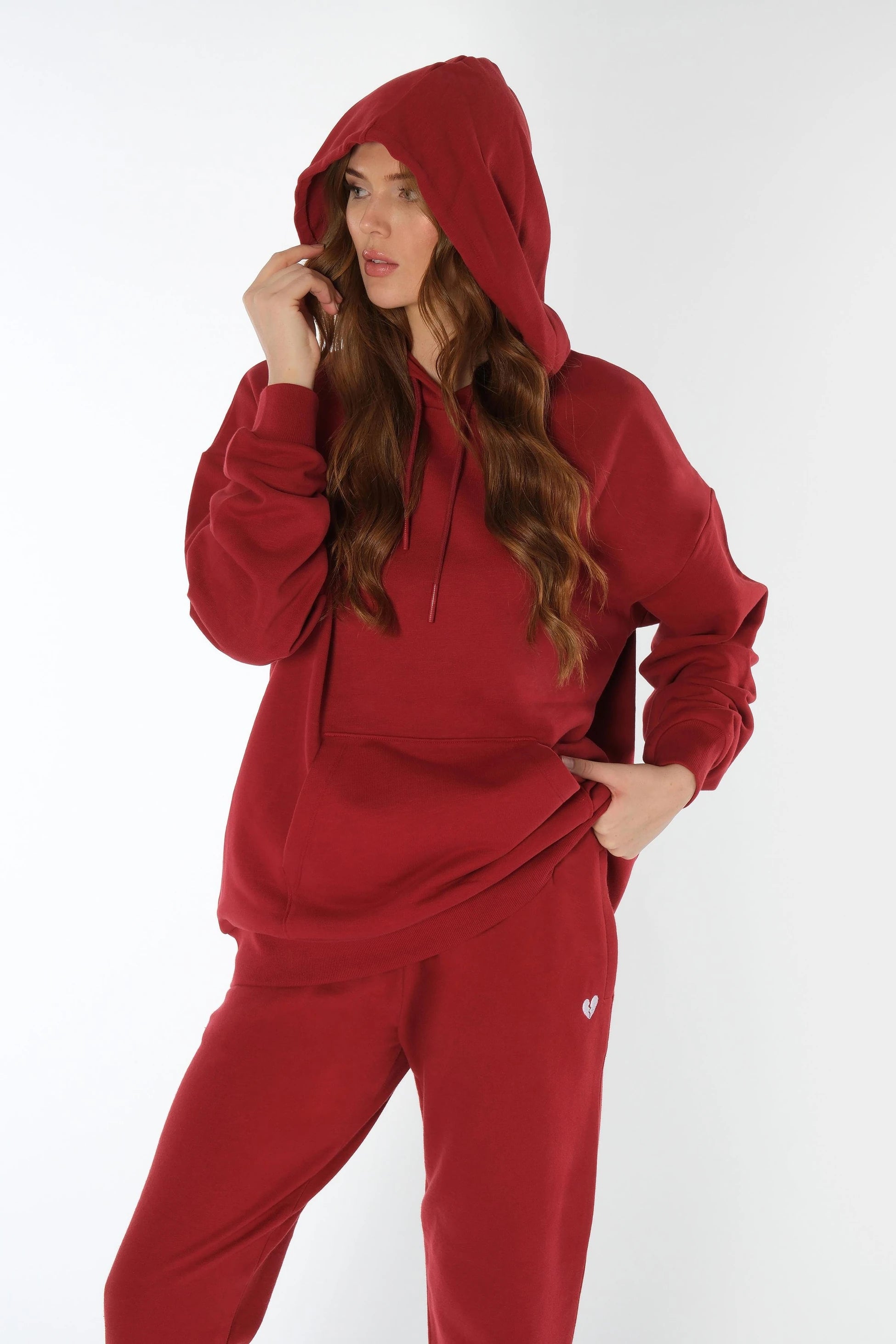 Kırmızı Kapüşonlu Cepli Hoodie