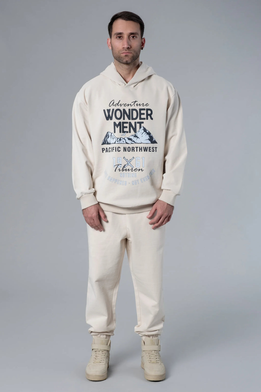 Kapüşonlu Baskılı Ekru Oversize Hoodie