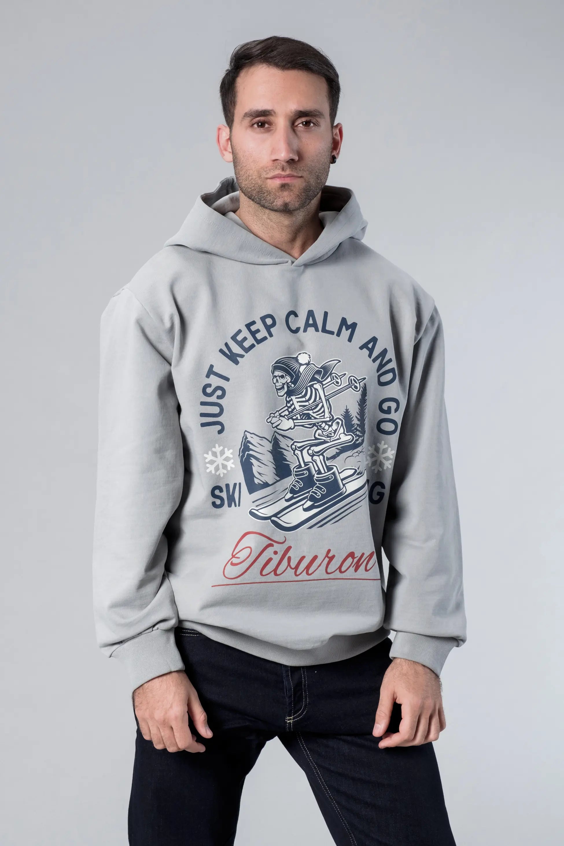 Kapüşonlu Baskılı Gri Oversize Hoodie