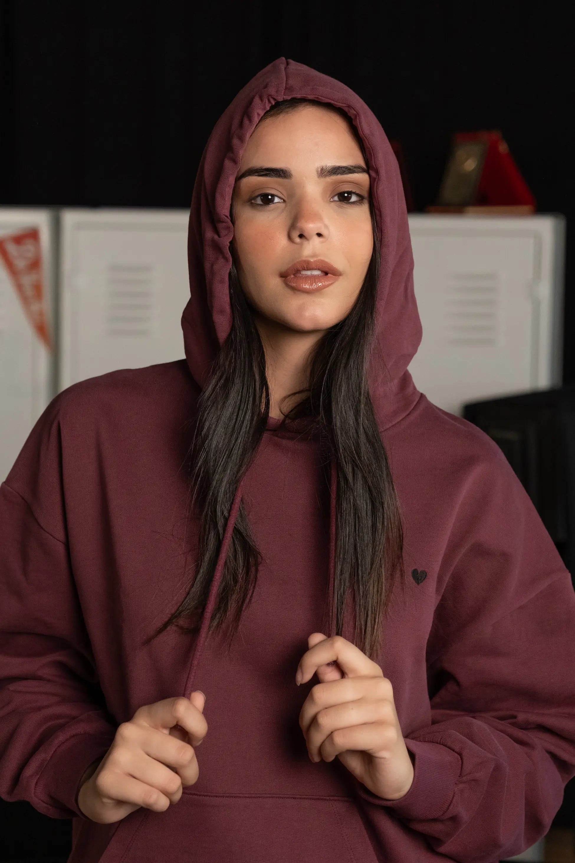Bordo Kapüşonlu Nakışlı Hoodie