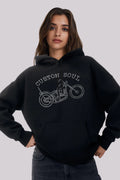 Motor Nakışlı Kadın Siyah Kapüşonlu Hoodie