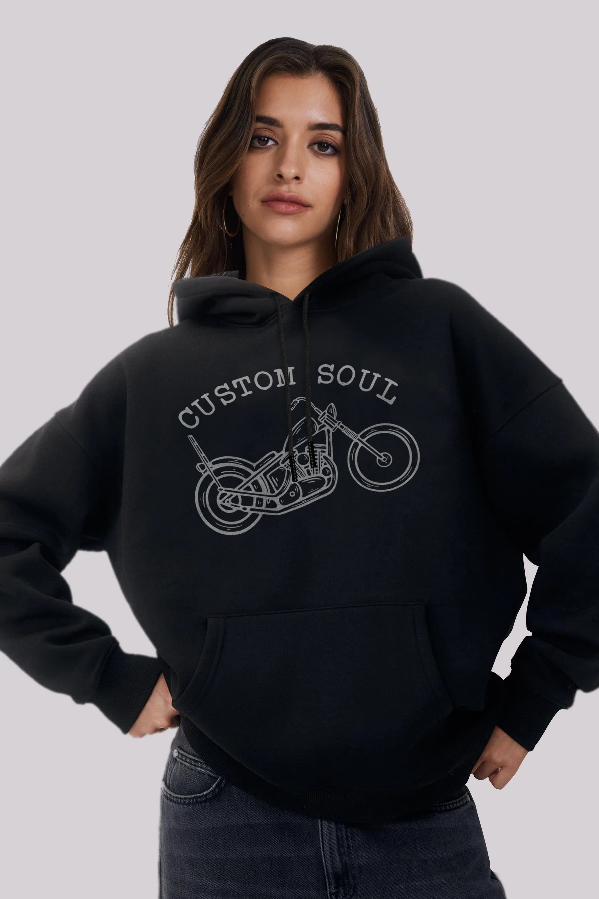 Motor Nakışlı Kadın Siyah Kapüşonlu Hoodie